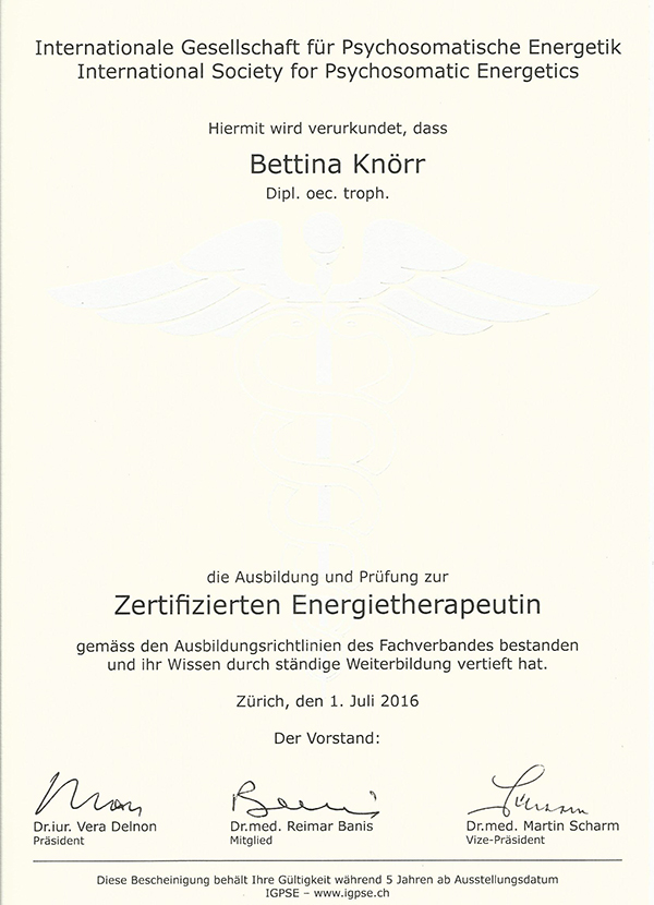 Energietherapeutin Zertifikat Bettina Knoerr 2016 